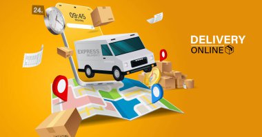 Mobil uygulama üzerinden çevrimiçi dağıtım hizmetinin bir yansıması. Çevrimiçi sipariş takip merkezi ve ofis teslimat servisi. Şehir lojistiği. Depo, kamyon, forklift, kurye, kurye, cep telefonu..