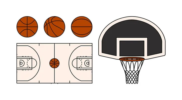 Ensemble Basket Ball Court Backboard Avec Cerceau Balles Sport — Image vectorielle