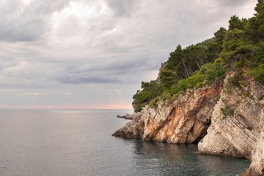 Ormanın altındaki kıyı kayalarının manzarası, sakin deniz suyu ve ufuktaki fırtınalı bulutlar. İlkbahar ya da yaz doğanın güzelliği.