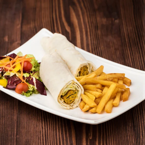 Arabic Kebab Sandwich Shawarma Roll Wrap Withsalad Fries Served Dish — Stock Photo, Image