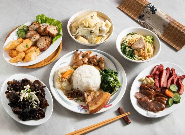 Taiwan food variety Pork Rice Bento, Cold fungus, Signature Double Flavor Platter, Shrimp Meatloaf, Ancient Braised Bamboo Shoots, Danzi noodles