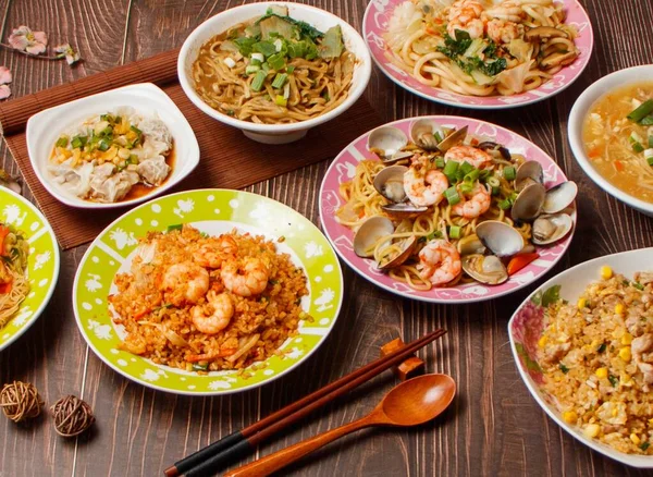 Taiwan food variety Kimchi Fried Rice, Nine Spice Clam Pasta, shredded pork, Red Oil Chao Shou, Sesame noodles, Fried Noodles with Shrimp, hot and sour soup