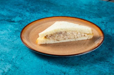 Fresh club sandwich filled with chicken and mayo dip isolated on table top view of indian food