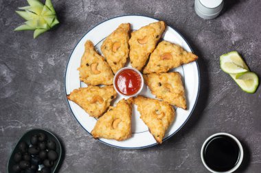 Shrimp on Toast with tomato sauce served in dish isolated on grey background top view of indian and bangladesh food