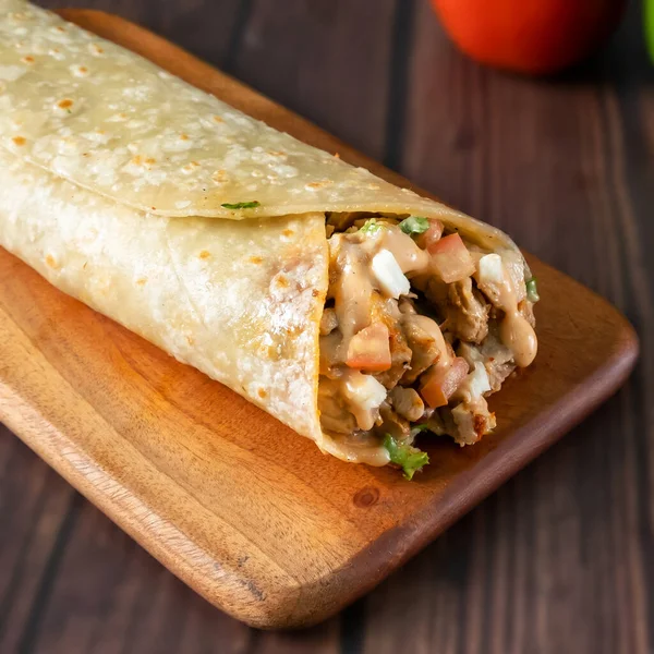Thai Chicken Wrap Paratha Roll Served Wooden Board Side View — Stock Photo, Image