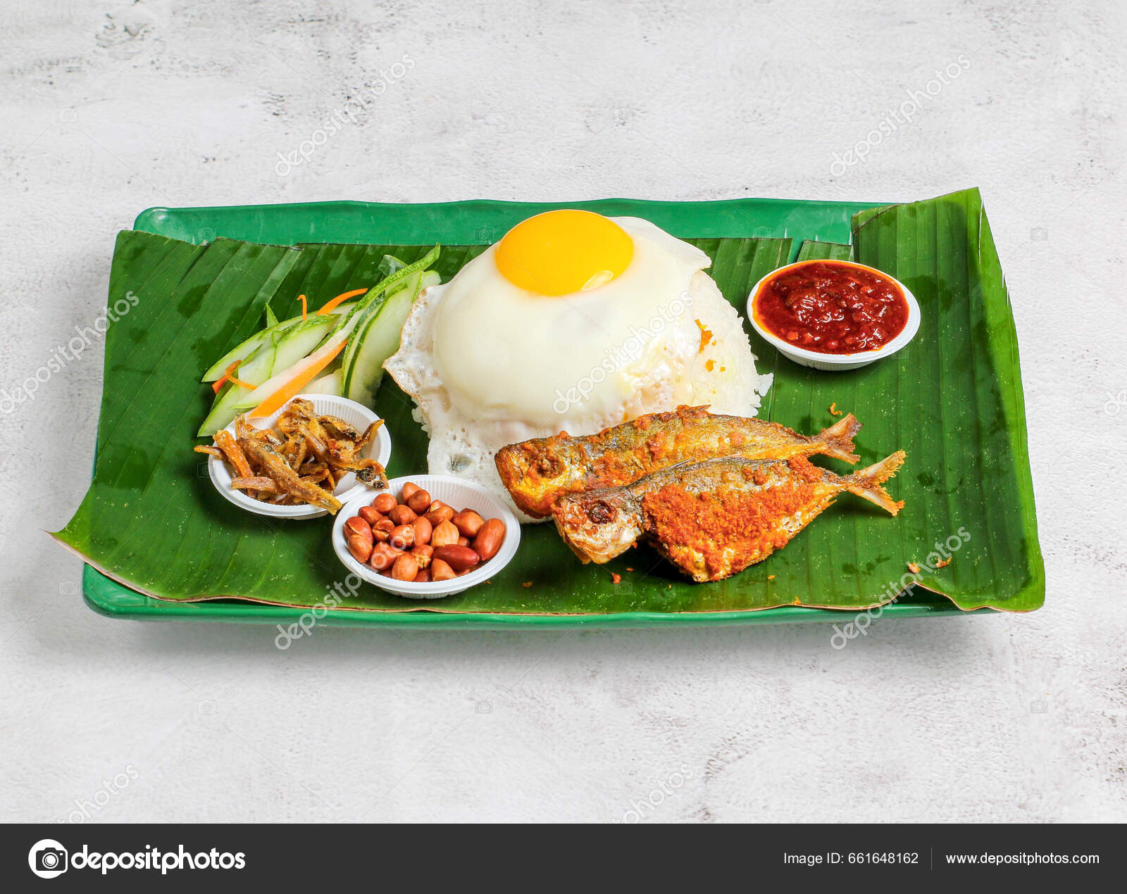 Nasi Lemak Set Sunny Egg Rice Fried Fish Pickle Salad Stock Photo by