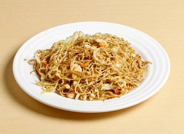 Fried Noodles Shrimp Honey Glazed Pork Served Dish Isolated Background — Stock Photo, Image