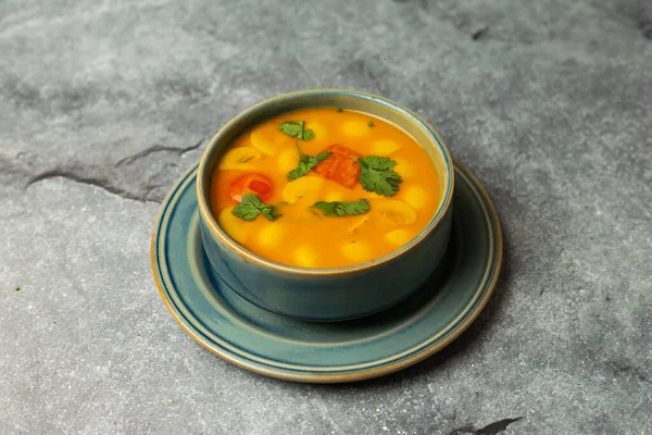 スパイシーなマッシュルームスープは バングラデシュ料理のバックグラウンドトップビューで隔離された皿で提供 — ストック写真