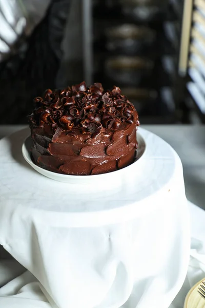 Pastel Chocolate Fudge Servido Mesa Comida Vista Superior Café Hornear — Foto de Stock