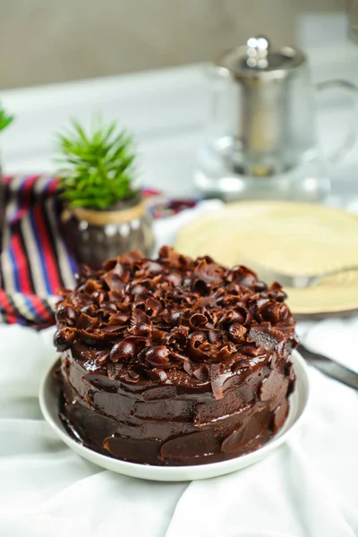 Csokoládé Karamella Torta Felszolgálva Élelmiszer Asztali Nézet Kávézó Sütemény Desszert — Stock Fotó