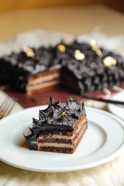 Chocolate Ganache Cake Slice Served Plate Knife Isolated Napkin Top — Stock Photo, Image