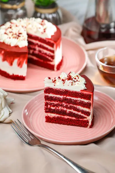 Premium Red Velvet Cake Slice Include Cream Sugar Fork Cup — Stock Photo, Image