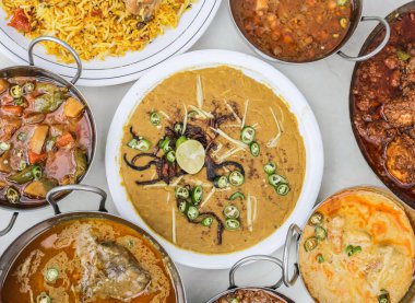 Tavuk haleem, tavuk karahi, biryani, biftek nihari, köri pakora, chanay, aloo shimla mirch ve keema Pakistan 'ın gri arka plan manzarasında izole edilmiş ve çeşitli Hint baharatları çeşitli yemek çeşitleri
