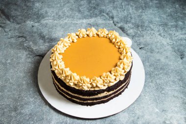 Çukulata Tuzlu Karamelli kek arka planda izole edilmiş Hindistan usulü fırınlanmış yemek tatlısı.