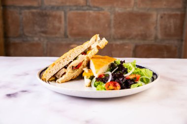 Porchetta Panini sandviçi, salata ile servis ediliyor. Gri arka planda İtalyan fast food manzarası var.