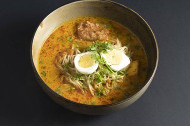 Hindistan cevizi sütü, erişte, tofu puf, balık köftesi, fasulye filizi, kişniş ve kaynamış yumurtalarla kaplanmış siyah arka planda servis edilen kase ile zenginleştirilmiş Laksa Erişte Çorbası