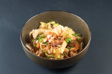 Karides, mürekkep balığı ve balık köfteleri de dahil olmak üzere çıtır tempura taneleri ve yeşil soğanla kaplı deniz ürünleri Udon Eriştesi Japon konforlu yiyeceklerin izole edilmiş siyah arka plan manzarasında servis edilir.