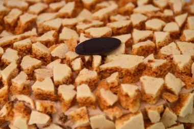 Kahveli Crunch Keki. Şekerleme parçaları ile süslenmiş. Yemek fotoğrafçılığı için mükemmel.