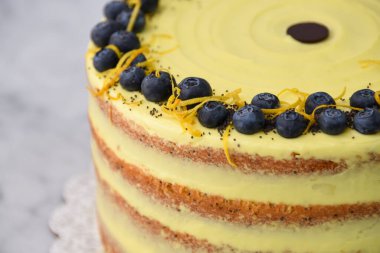 Zarif Limonlu Yaban mersinli Kek canlı sarı limonlu krema ve yeşil arkaplanda izole edilmiş yabanmersini, limon aromalı ve haşhaş tohumlu süsleme.