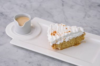 Kremalı Tres Leches Pastası. Süt soslu dilimlenmiş krema. Gri arka planda izole edilmiş tepside servis ediliyor.