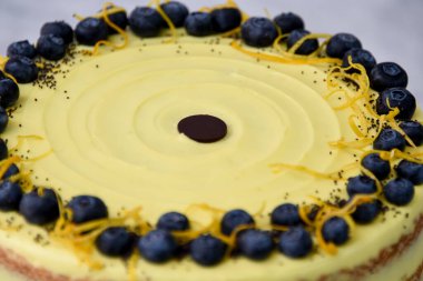 Zarif Limonlu Yaban mersinli Kek canlı sarı limonlu krema, taze yaban mersinli süs, limon aromalı ve haşhaş tohumlu, gri arka planda izole edilmiş, fırında pişirilmiş tatlı manzarası.