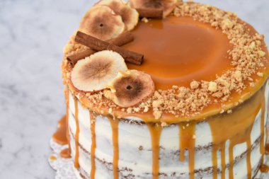 Karamel İncirli Kek 'te yağışlı pasta katmanları, zengin karamel serpiştirilmiş, üstü kuru incir dilimleri ile kaplı, ve fındık doğranmış fındıklar gri arka planda izole edilmiş, yakın planda pişmiş kafe tatlısının yan görüntüsü.