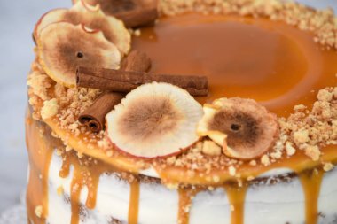 Karamel İncirli Kek 'te yağışlı pasta katmanları, zengin karamel serpiştirilmiş, üstü kuru incir dilimleri ile kaplı, ve fındık doğranmış fındıklar gri arka planda izole edilmiş, yakın planda pişmiş kafe tatlısının yan görüntüsü.