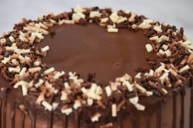 Çikolata parçacıklı zengin çikolatalı pasta. Yumuşak çikolata parçacıklarıyla kaplı. Arka planda izole edilmiş güzel çikolatalı ganache 'ler.