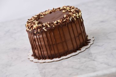 Çikolata parçacıklı zengin çikolatalı pasta. Çikolata talaşlarıyla kaplı. Arka planda kalan çikolatalı tatlı için izole edilmiş çikolata ganache.