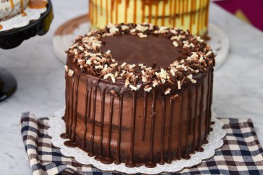 Peçeteye izole edilmiş Karamel İncir, Fıstıklı Karamel ve Çikolatalı kek gibi çeşitli gurme kekleri zarif tatlıların yan görünüşü