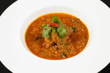 Pomfret masala köri ya da baharatlı Rogan Josh tabağında kişniş olan Kashmiri Lamb Curry 'nin yakın plan görüntüsü.