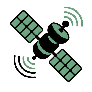 Uzay teknolojisi simgeleri, GPS uygulamaları ve UI görsel yayınları için tasarlanmış, yeşil çift güneş panelleri ve çift sinyal yay modern uydu iletişim vektörü
