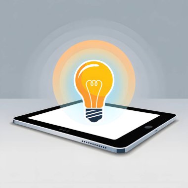 Tablet ekranın üzerinde parlayan ampul, dijital çağdaki yenilikleri ve yaratıcı fikirleri simgeliyor, beyaz arka planda izole edilmiş..
