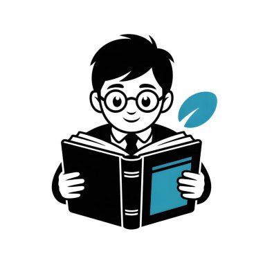 Gözlüklü çocuk beyaz arka planda izole edilmiş açık bir kitap okuyor, eğitimi, bilgiyi ve edebiyatla öğrenmenin sevincini simgeliyor.