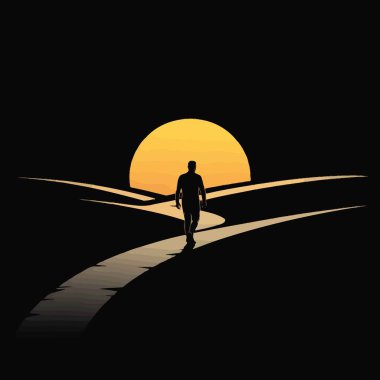 Tarzlı bir vektör çizimi, izleyiciden ayrılan bir adamın çatallaşan bir yoldan yürümesini tasvir eder. Yol büyük, sarı-turuncu bir günbatımına doğru gidiyor. Genel renk şeması koyu renklidir ve parlak gün batımı güçlü bir kontrast sağlar. Th