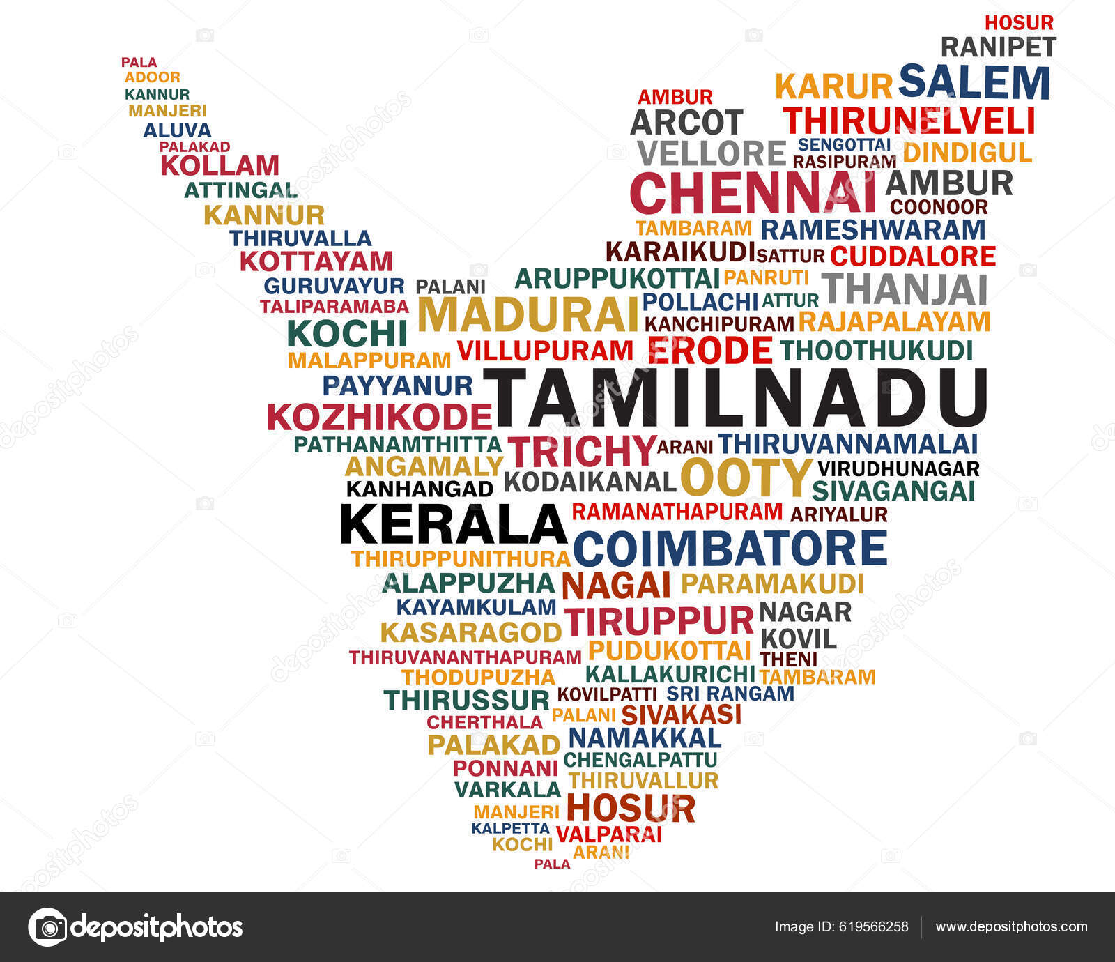 Tamilnadu Kerala Map Formed Tamilnadu Kerala Cities World Cloud Stock