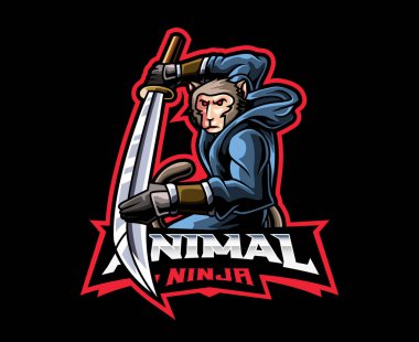 Maymun ninja logosu tasarımı. Maymun shinobi hayvan vektör çizimi. Maskot, sembol ve kimlik logosu, amblem sporları veya e-spor oyun takımı