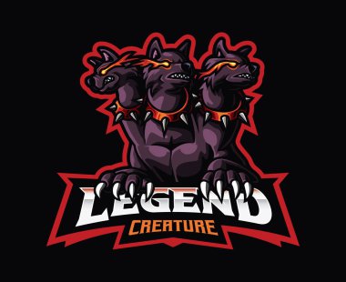 Cerberus maskot logosu tasarımı. Vektör illüstrasyonu Cerberus Yunan mitolojik yaratığı. Maskot, sembol ve kimlik logosu, amblem sporları veya e-spor oyun takımı
