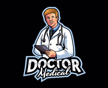 Doktor Maskot Logosu Tasarımı. Stetoskoplu Profesyonel Doktor Maskotu