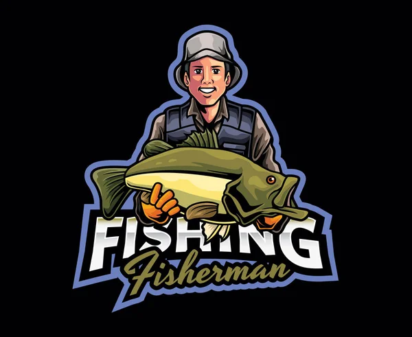 Diseño Del Logotipo Mascota Del Pescador Pescador Valiente Decidido Hábil — Archivo Imágenes Vectoriales
