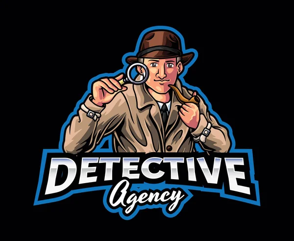 Detective Mascotte Logo Met Vergrootglas Mysteries Oplossen Met Detective Mascot — Stockvector