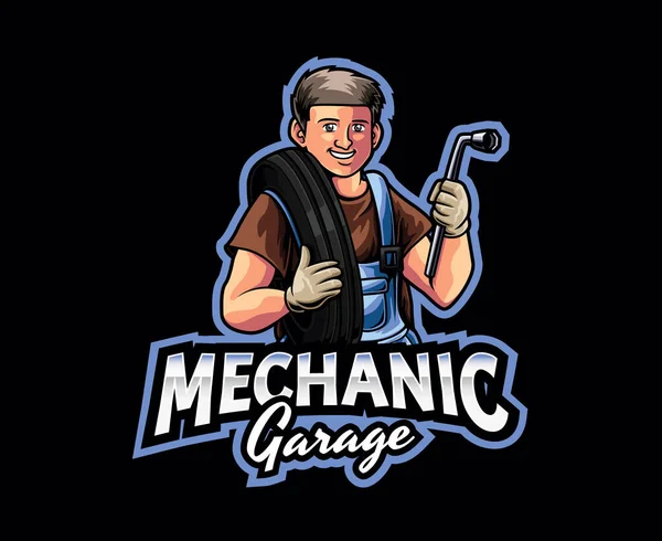 Mechanic Mascot Logo Design Ultimate Mechanic Skilled Engineer Fixing Car — Stock Vector