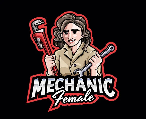 Female Mechanic Mascot Logo Design Determined Female Mechanic Working Engine — Stock Vector