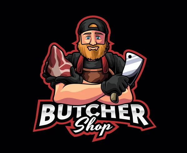 Butcher Mascot Logo Design Vektorová Ilustrace Řezníka Kousky Masa Nožem — Stockový vektor