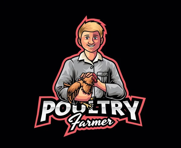 Projekt Logo Farmy Drobiu Maskotka Ilustracja Wektorowa Rolnik Hodujący Kurczaka — Wektor stockowy