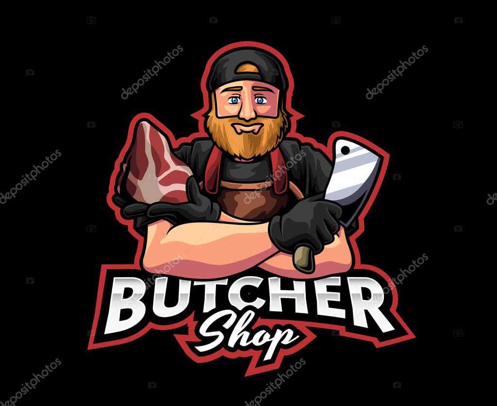 Butcher Mascot Logo Design. Vector illustration of a butcher with pieces of meat and a knife in his hand