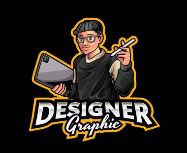 Grafik Tasarımcı Maskot Logosu Tasarımı. Elinde tabletle Vektör Çizimi Yaratıcı Tasarımcısı, Maskot Sanatçısı, Tasarımcı ve Serbest Çalışan