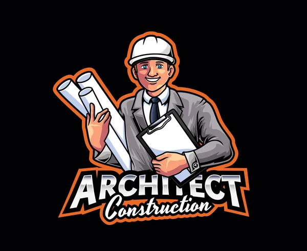 Architect Mascotte Logo Design Vector Illustratie Van Architect Het Dragen — Stockvector