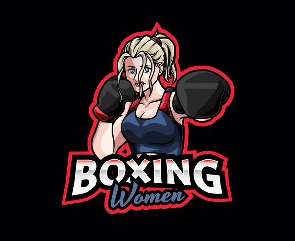 Boxing Sport Mascote Logo Design Ilustração Vetorial Forte Boxeador Feminino — Vetor de Stock