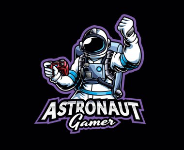 Astro Kumar Maskot Logosu Tasarımı. Astronot elinde joystick ile oyun oynuyor.